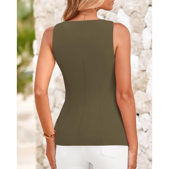 Women's Army Green Sleeveless Suit Vest Dressy Casual Square Neck Business Work - Picture 3 of 6